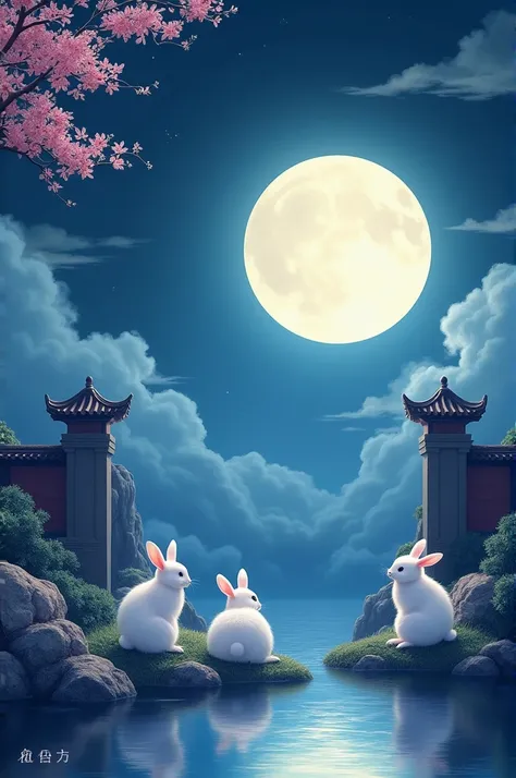 The background color of the picture is blue in the evening，with a cloud，There is a big moon on the right，There is a traditional Chinese Nantianmen around the moon.，And there are several white rabbits，There is a pink Lianli branch on the upper left