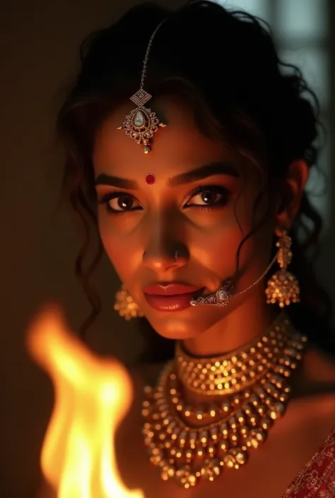 the intense beauty of an Indian white skin tone woman, glowing glass skin,wear gold daimond kundan royal jewellery, kundan nose ring jewellery,red bindi, black eyeshadow,her face illuminated by firelight that reflects her boldness and the rich culture symb...