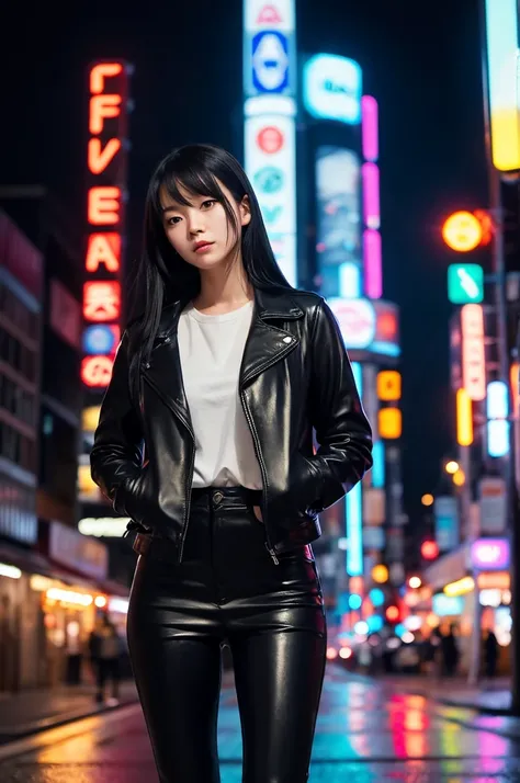 A stylish Japanese woman in her early twenties, standing alone on a quiet city street at night. She is dressed in a sleek black leather jacket, her long black hair flowing in the cool night breeze. The street is lined with tall, modern buildings, their win...