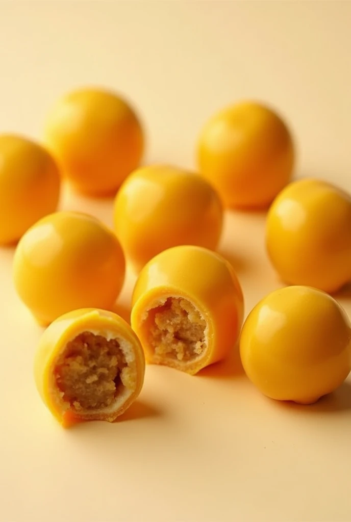 Passion fruit flavored truffles cut in half 
