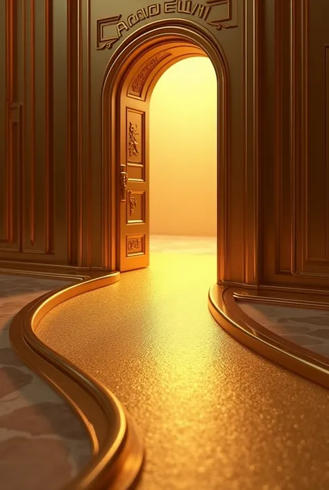 A luxurious golden path, detailed with shimmering textures and delicate reflections, winds gracefully towards an elegantly illuminated door. The door, crafted with a refined design, glows with a soft, inviting light, and is prominently inscribed with the t...