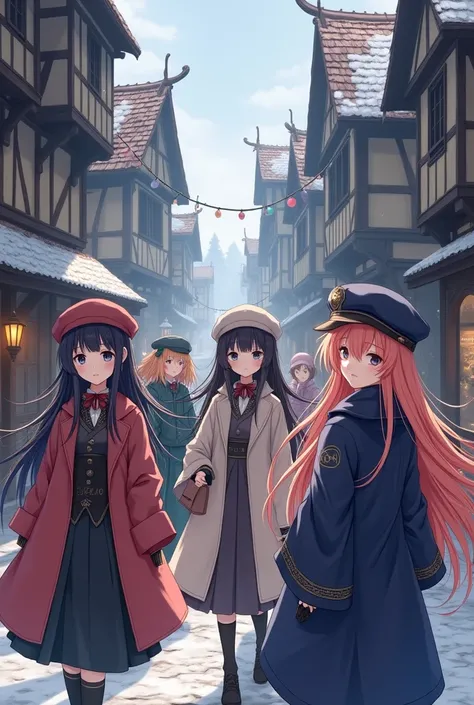 Japanese manga women，Women&#39;s coats，hat，Long hair，Medieval Town