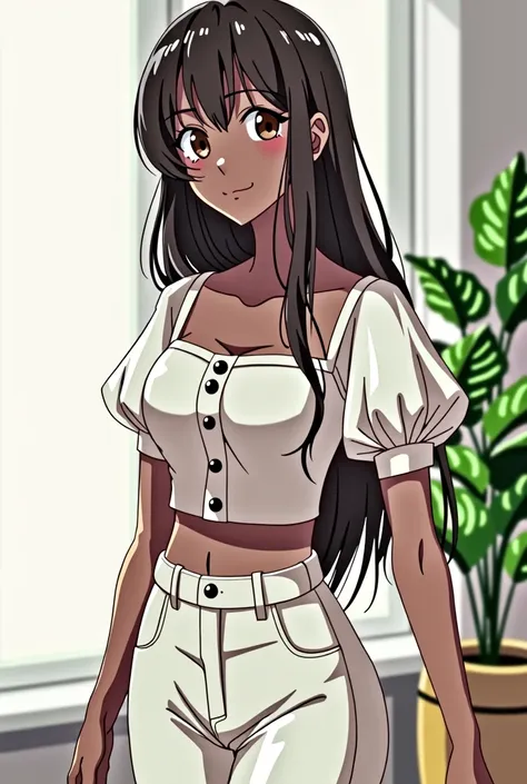 アニメ , She is wearing a white cropped top with puff sleeves and buttons paired with white high-waisted pants.. Their long, straight hair runs down her back, and she has a dark skin tone. The photo was taken indoors with a slightly blurred background., with ...