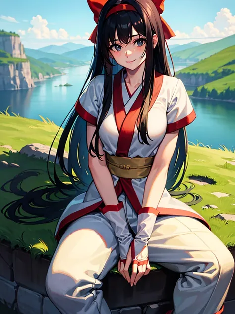 long hair, black hair, hair bow, hairband, flat chest,ainu clothes, japanese clothes, short sleeves, pants, fingerless gloves, red footwear, wide pants,
uncensored,1girl, Expressiveh,
looking at viewer,
outdoors, mountain, Nature, day, (lake:0.8),  grassla...