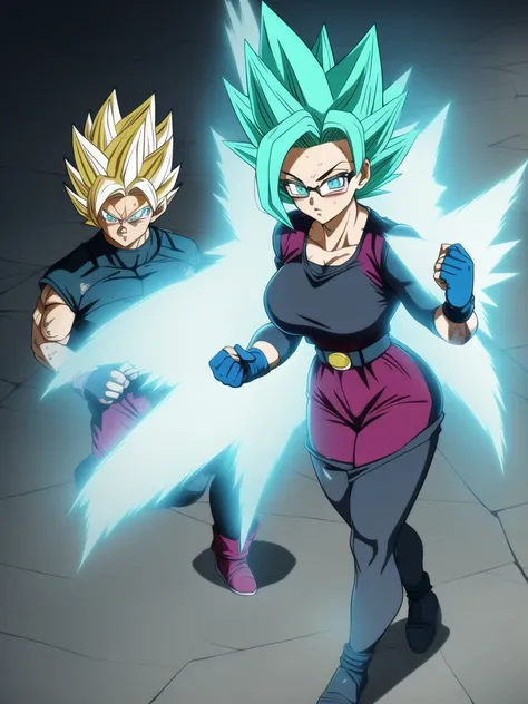 dbsuper style, 
Girl, green aura, super saiyan aura, belt, cyan hair, huge hair, bruise, bruise on face, clenched hands, frown, glasses, gloves, blue eyes, grey gloves, injury, medium breasts, huge muscular, solo, spiked hair, super saiyan, super saiyan 4,...