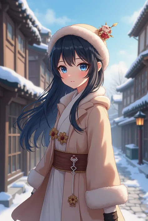 A Japanese anime woman，Women&#39;s coats，hat，Long hair，Medieval Town，Blue pupils，gentle