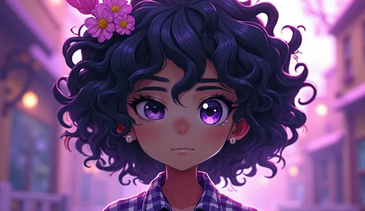 anime cartoon that likes purple is black and has curly hair