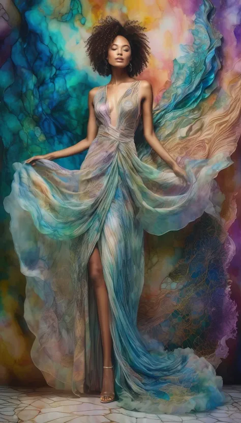 Ethereal woman in full body, donning a translucent dress with intricate folds, face a vision of perfection, alcohol ink style, set against a complex, whimsically detailed background, ultra fine, highly detailed, octane rendering.