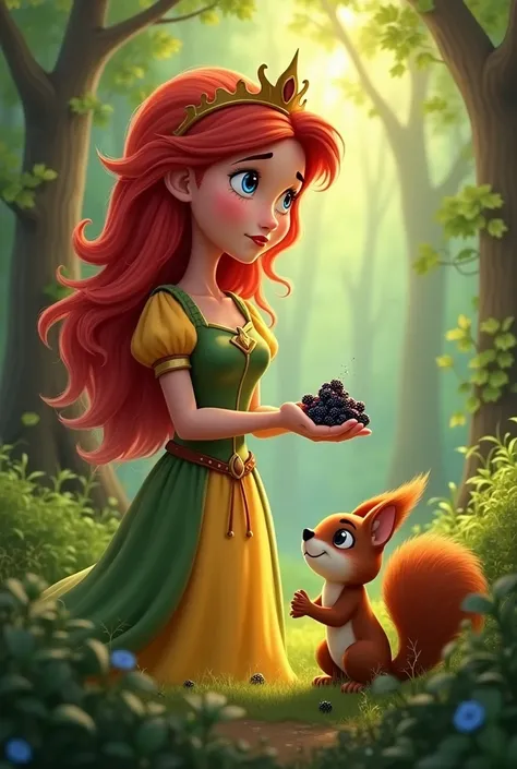 a red-haired princess in a forest collecting blackberries and looks at a squirrel that stole them that the squirrel is on the ground and she is an adult and is standing looking at her that they are further away that the princess also has some blackberries ...