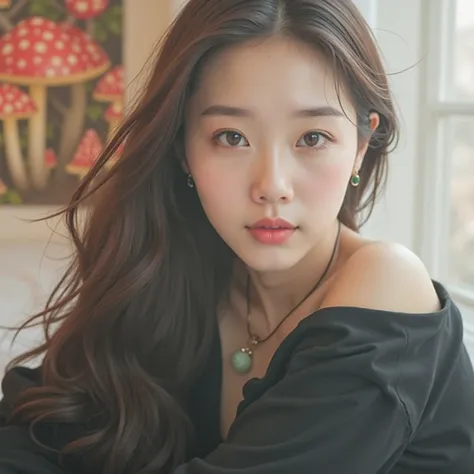 beautiful woman, Korean 26 Y/O, sitting on bed, Which is in Mushroom Forest, wearing Jet Black loose off-shoulder top, pajama pants Jade Necklace and earing, long Straight hair, dramatic soft lighting, Red Mushrooms with rose flower patterns, plants in bac...