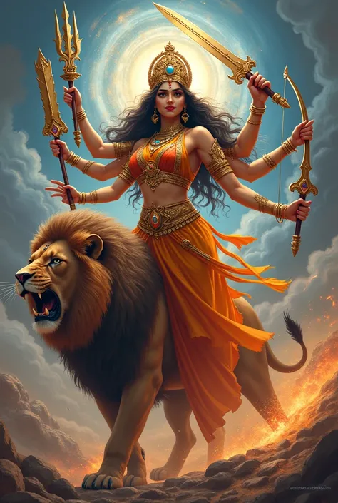 Goddess Adiparasakthi wearing Sharee has 10 hands full of with divine weapons, Lion is the vehicle of Goddess Adiparashakti, holding Mahishasura and killing him with trident with two hands,