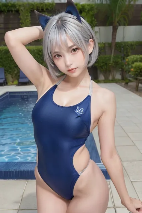 ((Silver Hair))、((short hair))、((Baby Face))、((Highest quality、8k、masterpiece))、Sharp focus:1.2、(Small fox ears)、Perfect figure and cute:1.4、Slim Abs:1.2、( from the front)、(With open arms)、((Wearing a navy blue school swimsuit))、((Swimwear and bikini))、Sho...