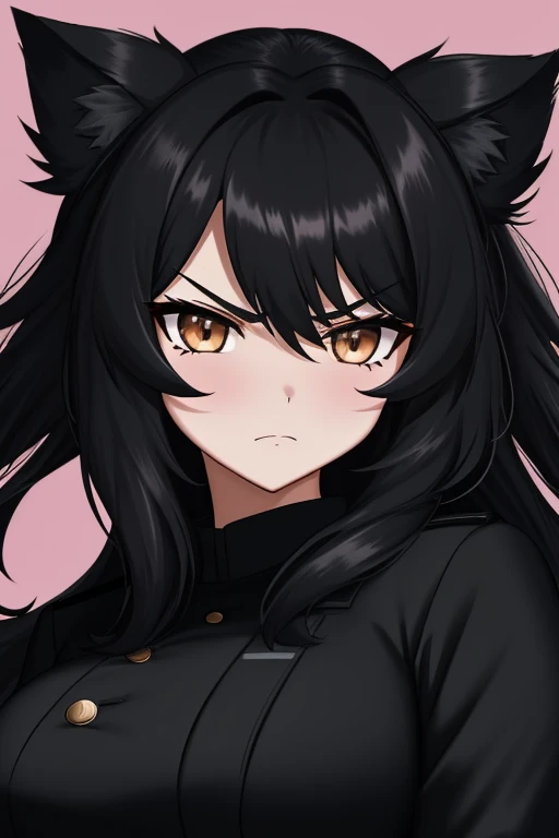 jet black hair,midium long hair,lion‐like hair,wolf-like hair,frizzy hair,thick hair,fluffy hair,most very heavy weight hair,most very voluminous hair,shiny jet black hair,female jail officer,black uniform,a heavy-looking uniform,black pants,1 Japanese wom...