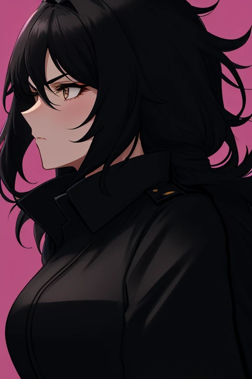 jet black hair,midium long hair,lion‐like hair,wolf-like hair,frizzy hair,thick hair,fluffy hair,most very heavy weight hair,most very voluminous hair,shiny jet black hair,female jail officer,black uniform,a heavy-looking uniform,black pants,1 Japanese wom...