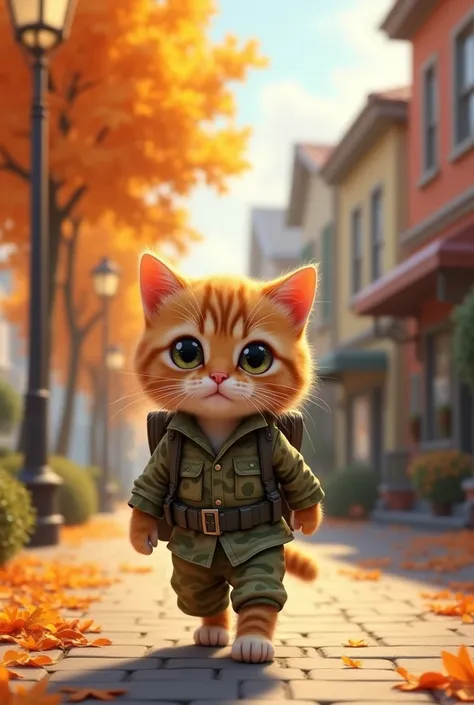 Autumn season cute cat、He is walking down the street with his backpack on.,, Walking proudly down the street, And the cat is walking. In military camouflage uniform