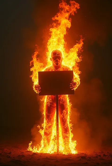 Character on fire with sign 
