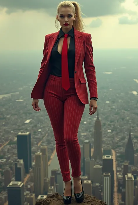 1 girl tie  beautiful curves a massive curvy thighs blonde ponytail red lips wearing a perfect  red pinstriped suit and blazer with a ((massive thick and  massive windosr knot red tie)) black shirt massive breasts. Platform high heels , standing, giantess ...