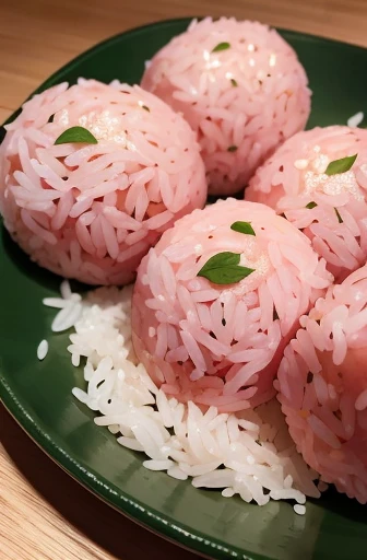 light pink rice balls wrapped in green leaves