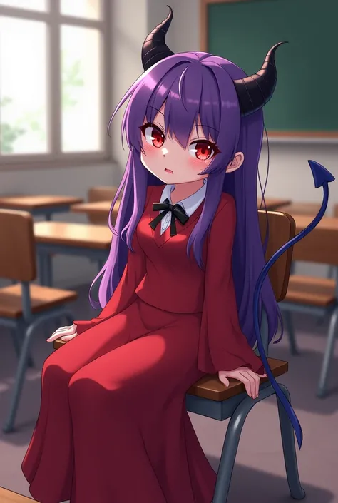 short girl, flat-chested, extremely small breasts, Long Hair Purple, Eyes red, redgown, schoolar uniform, class room, sitting on the chair, school desk, head tilted, naughty face, small black horns, demon girl