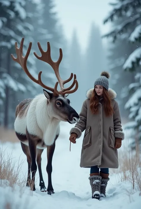 Realistic photo、High definition、8ｋ、Realistic、In the winter forest of Alaska、A male reindeer and a female are together、Reindeer and humans are friends、cold、snow、Reindeer have large antlers、Strong Reindeer、Beautiful woman、