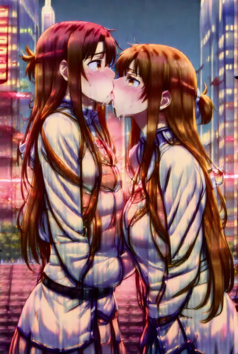 (((nsfw), Drooling drool))(((asuna, anime art style, long_hair, skirt, brown_hair, brown_eyes, very_long_hair, belt))),(((Anime style, 2+girls, ((((((kissing and feeling intensely)))))). View from chest up,))) , urban battlefield, ruins, night sky, depth o...