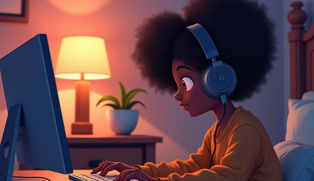  sitting in front of the computer in the bedroom with headphones on, BLACK WOMAN WITH CURLY HAIR, animated anime image