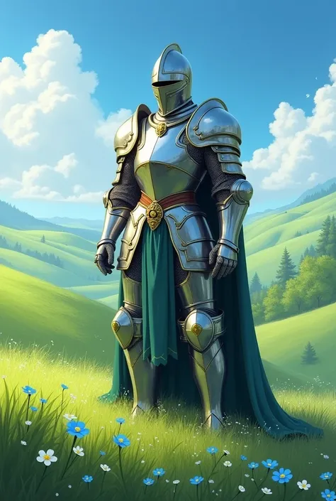 Shiny knight in green green fields with white and blue small flowers