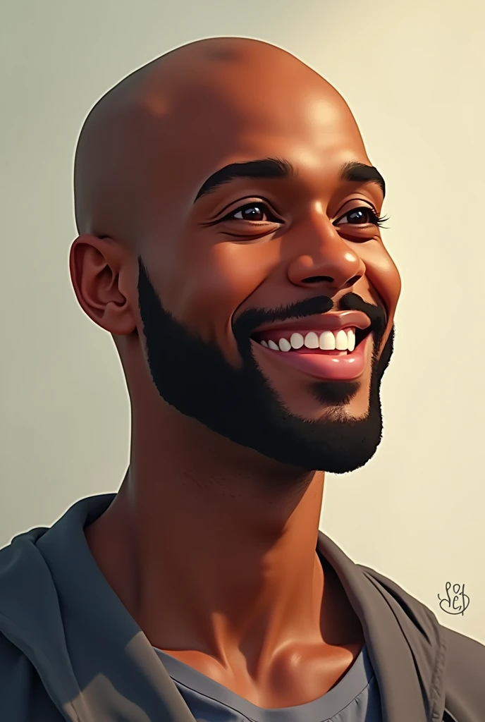 Draw a picture of a bald black man looking to the right happily