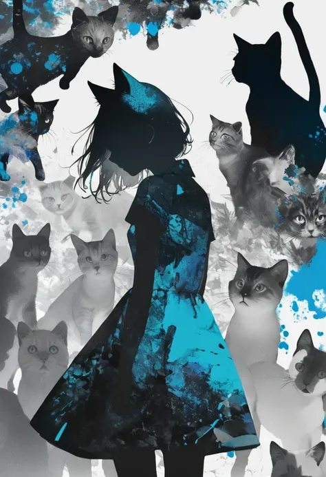 (masterpiece, best quality),(double exposure silhouette:1.2),
print collage depicting,teen girl(cat ear),she is surrounded by kittens,wearing battle dress,monochrome with blue splash color, collage art, contemporary artistic collage,