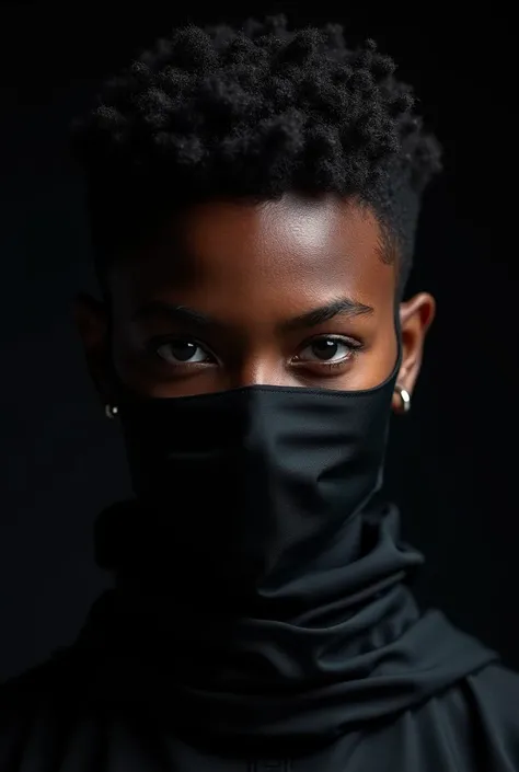 Generate an image of  a cute 
 ninjas face with a ninja mask on and short hair an african ninja without earings and back ground to be black 