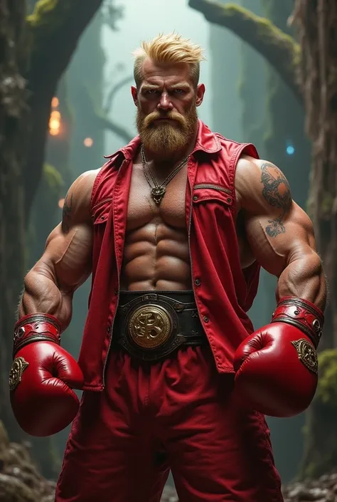 A fantasy human, bare knuckle boxer in red clothes, hes a blonde male and have a sarcastic smile on his face 