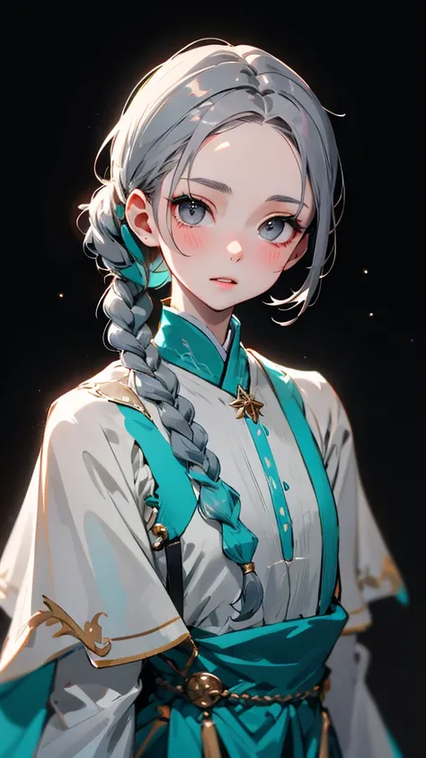 1 Girl, White skin、Caucasian、Very cute face、Small Nose、Fuller lips、Braids tied together、French Braid、Malaise、night, dark, ((Grey Hair)),(Detailed gray eyes)、Natural color tunic,National costume, Upper Body,Perfect beauty, ((Blurred Background))、((Black bac...