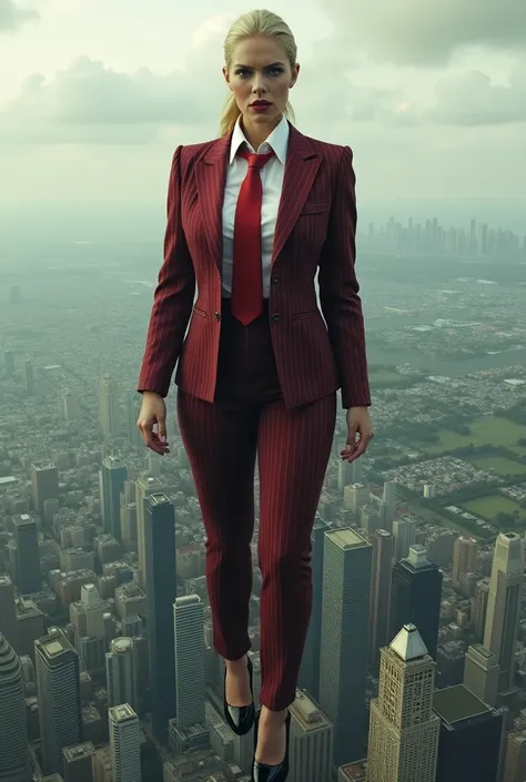 1 tie  beautiful curves a massive curvy thighs blonde ponytail red lips wearing a perfect dark red pinstriped suit and blazer with a ((massive thick and  massive windosr knot red tie)) black shirt massive breasts. Platform high heels , standing, giantess a...