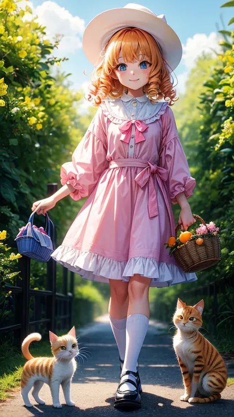 A 1 with beautiful face, yellow curly hair, big blue eyes, smiling brightly, wearing a white long-sleeved shirt with a collar, a pink bow tied at the collar, a long blue skirt, a pink hat, black shoes, her left hand holding a small yellow basket lined with...