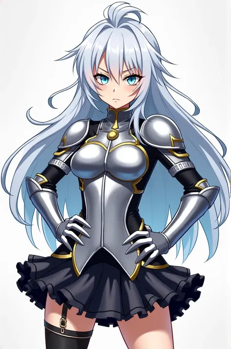 a girl with white hair, blue colored eyes, silver armor with neckline, short black skirt with ruffles at the back and gold details, grumpy in combat pose, full body concept Character anime version nanatsu no taizai