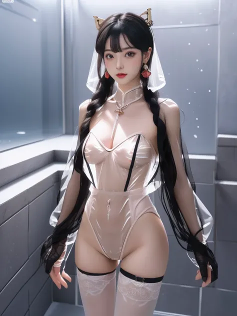 A Chinese girl with a beautiful face, Wearing a transparent tulle shirt jacket, Wear latex bikini underwear
(((night, Doomsday building ruins, bathroom, Shower))), 
((8K Ultra HD, 8K, Ultra-high resolution, best quality, Super Fine, Clear focus. Masterpiec...