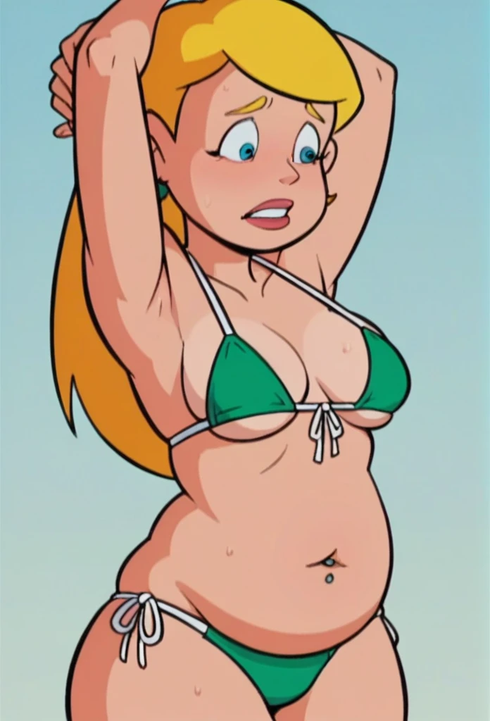 A Tall blonde haired Chubby Sabrina ,wearing a Bikini,in holiday, Arms is up,  Fleshy bellied Sabrina is Filled up,gained weight from midrif, indulging with chocalate , Break:Sabrina hestiantly expression ,vulnerability,Breast,Filled up,Belly piercing,gain...