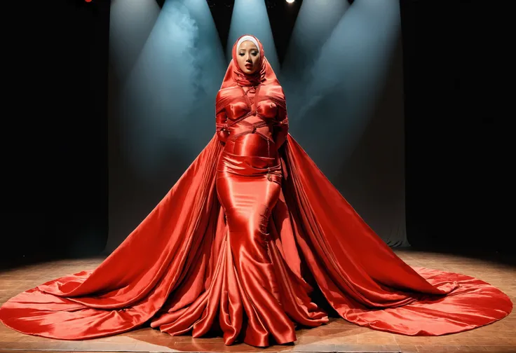 a woman shrouded in a 8-meter-long, plush red satin cloth, tightly bound and grandly draping along the form of her body, flowing...