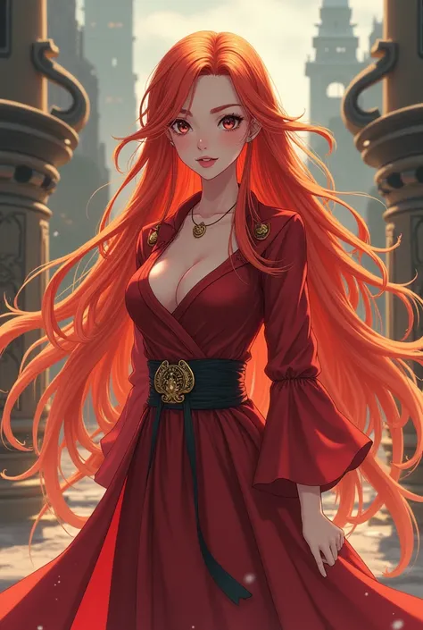 Long red golden hair, good looking, female magician, young woman, ancientness, ancientness Stadt im Hintergrund, anime styling