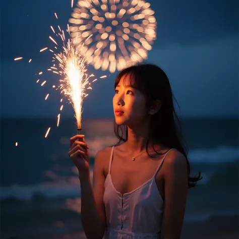 Japanese，1，Young girl，A look of regret for the end of summer、しゃがんで手持ちfireworkを持っている，Perfect Anatomy,Ocean，Beach，firework，Night Sky，Launch firework， Ocean，pretty girl，photo shoot，magazine photograph、Nearby Study