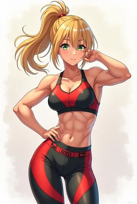 (masterpiece:1.0),(best_quality:1.0),ultra high res,absurdres,ultra-detailed, blonde hair, gym clothes, muscle, ponytail, green eye, anime