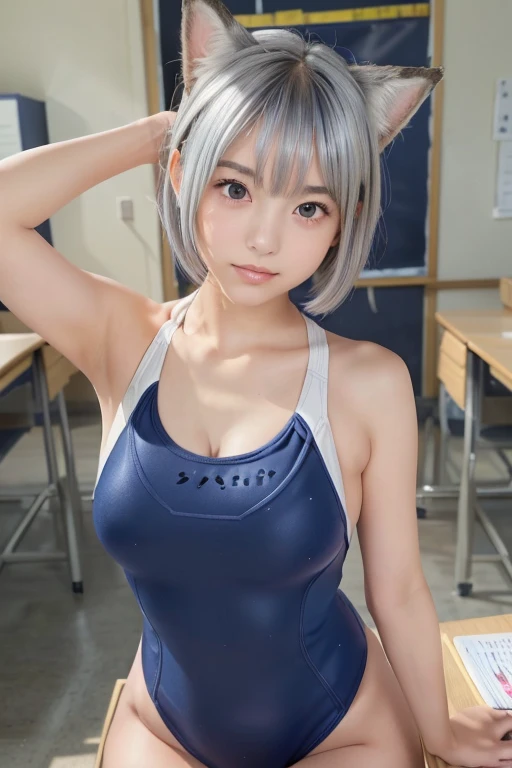 ((Silver Hair))、((short hair))Fox Ears、Highest quality,High resolution,Very detailed, (Very detailedな目, Very detailedな顔)、Fox Ears、((Browsing Caution))、(((Wearing a navy blue school swimsuit)))、Perfect figure and cute:1.4、Slim Abs:1.2、( from the front)、(Wit...