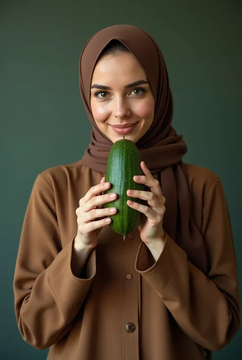  A woman wearing a hijab and putting a cucumber between her big breasts