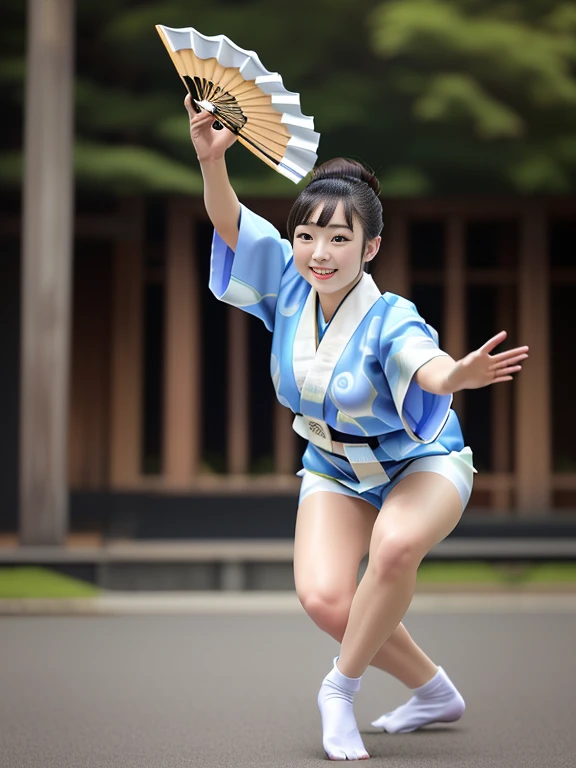 Photo-realistic quality、A Japanese woman wearing a white happi coat and holding a folding fan is dancing the Awa Odori dance in the park, Holding a blue and white fan、Cute playful pose of the dancer, White socks、Traditional Japanese Kimono、looking at the c...