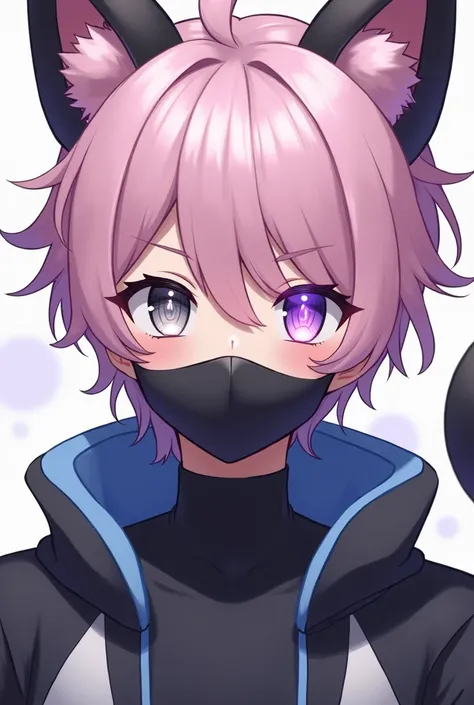 Fluffy haired, Asian Anime Boy, Heterochromic eyes of left being Dark Grey with Normal Pupil and the Right be Lilac Purple with a slit pupil, Pastel Pink Hair with Black Fade ins, Lucario Themed Clothes, Is an Young Adult, Wearing a Face Mask, Has the lila...