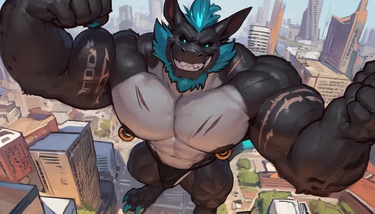 black colored bara dragon, white countershade, black skin, large plump hairy pecs, strong physique, tribal tattoos, cyan colored...