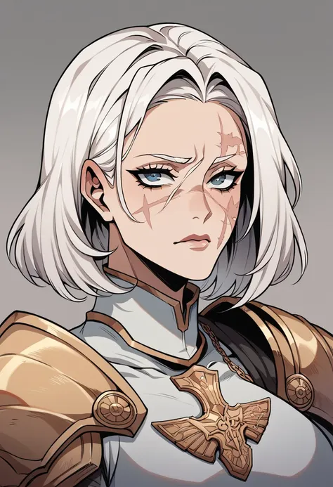 NSFW, a female crusader with a Sci Fi aesthetic, white haired femal with facial scars, beautiful mature face, amoured woman, gaudy armour, inquistor, large bust