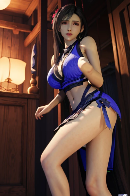 (best quality,ultra detali),(Realistic:1.37),tifa lockhart, beautiful and detailed face, black eye makeup, light smile expression, texture ultra realistic, Delicate body, Fit physique, huge breasts, massive breasts, using lipstick and lip gloss, breastsapa...