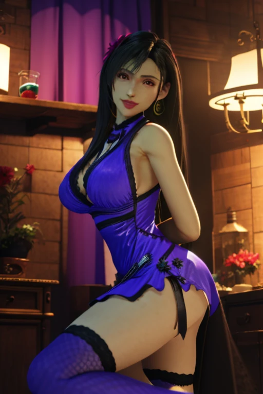 (best quality,ultra detali),(Realistic:1.37),tifa lockhart, beautiful and detailed face, black eye makeup, light smile expression, texture ultra realistic, Delicate body, Fit physique, huge breasts, massive breasts, using lipstick and lip gloss, breastsapa...