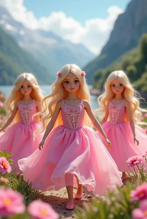 Cute blonde girls, Barbie style. pinkdress, mountain scene, Long hair